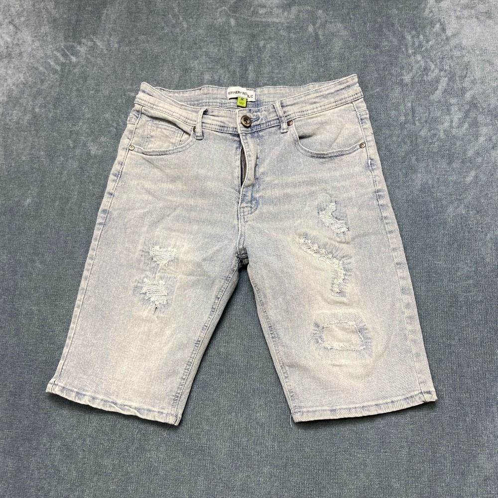 Refinery Republic Bermuda Shorts Men 34 Blue Denim Distressed Light Wash Zip Fly